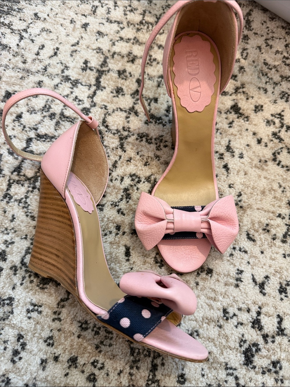 RED Valentino Pink Bow Ankle-Strap Wedge Sandals with Navy Polka-Dot Accent